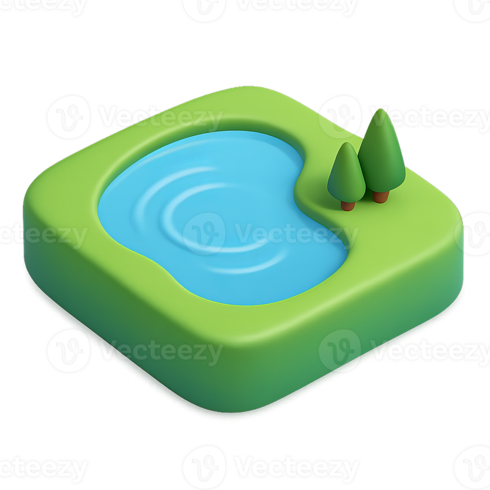 3D Simple Lake Icon with Trees in Green Environment png
