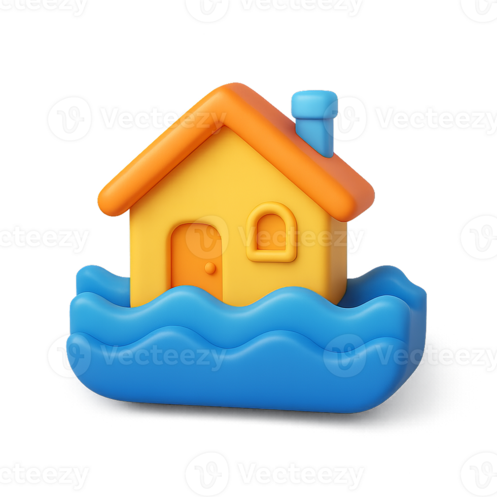3D Icon of a House Floating on Water Representing a Flood Scene png