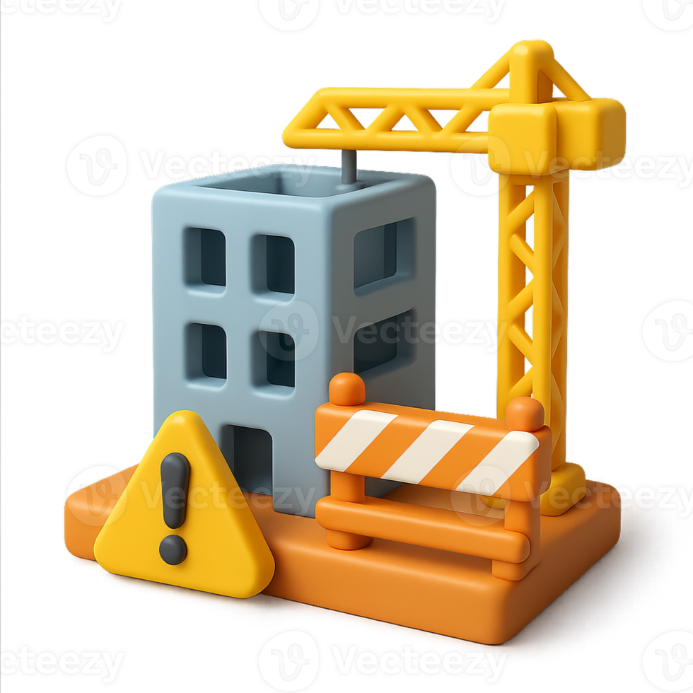 Simple 3D Construction Icon with Crane and Caution Sign Design png