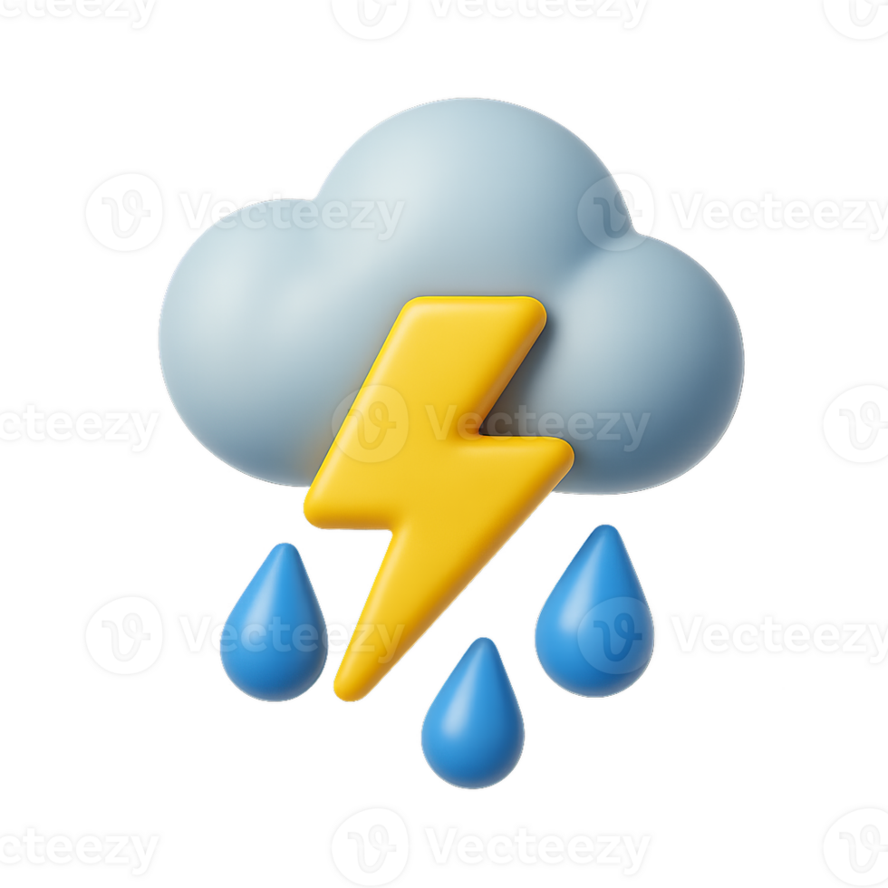 3D Icon of Storm Cloud with Lightning and Raindrops png