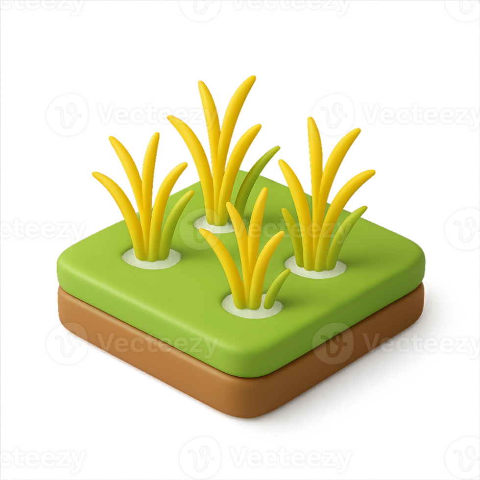 3D Icon of Rice Field with Simple Grass Elements and Green Base png