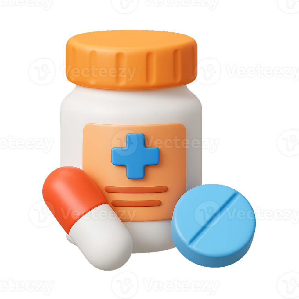 Colorful Medicine Bottle and Pills in Bright, Playful Style Illustration png