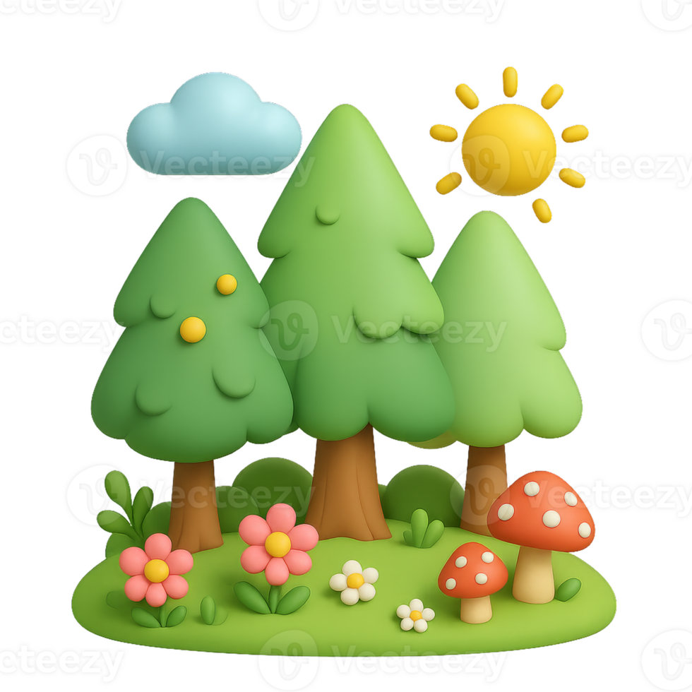 Playful 3D Forest Scene with Trees, Clouds, Sun, and Mushrooms png