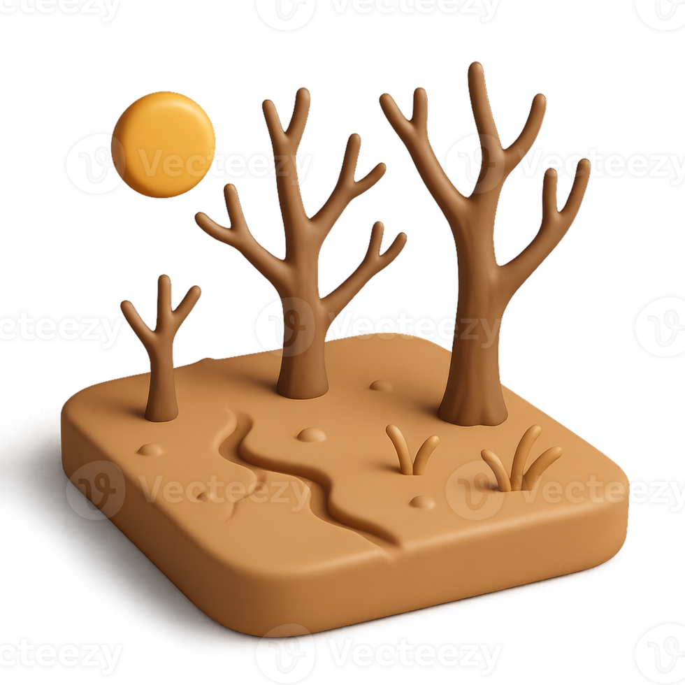Simple 3D Dry Forest Icon with Stylized Trees and Sun Element png