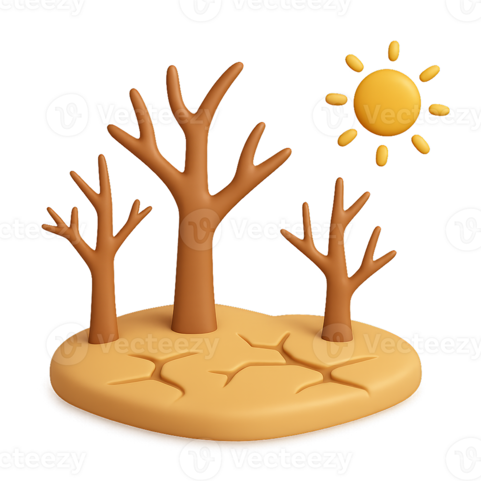 Simple 3D Dry Forest Icon with Sun and Bare Trees Design png