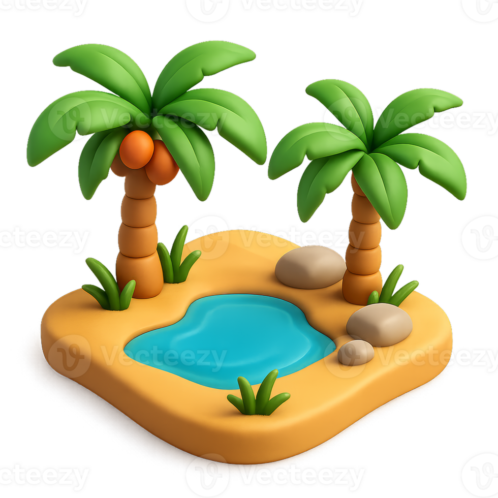 Simple 3D Oasis Scene with Palm Trees and Water Pool png