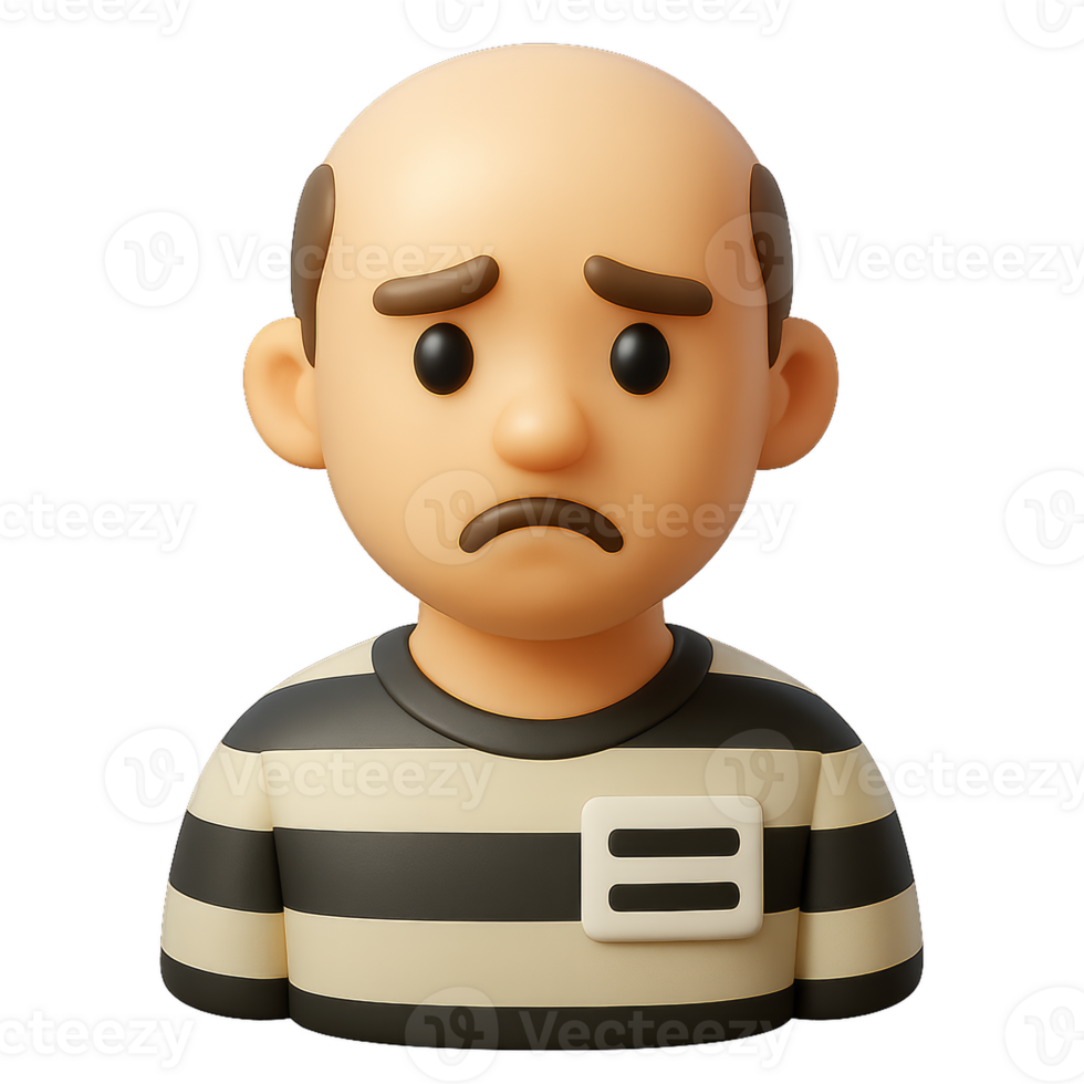3D Icon of a Simple Prisoner with Sad Expression and Striped Uniform png