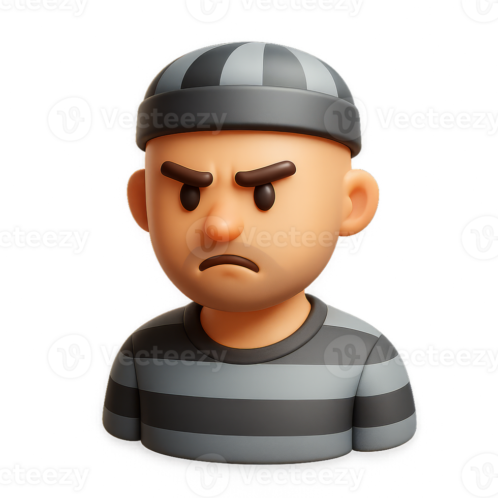 3D Icon of a Simple Cartoon Prisoner Character with a Serious Expression png
