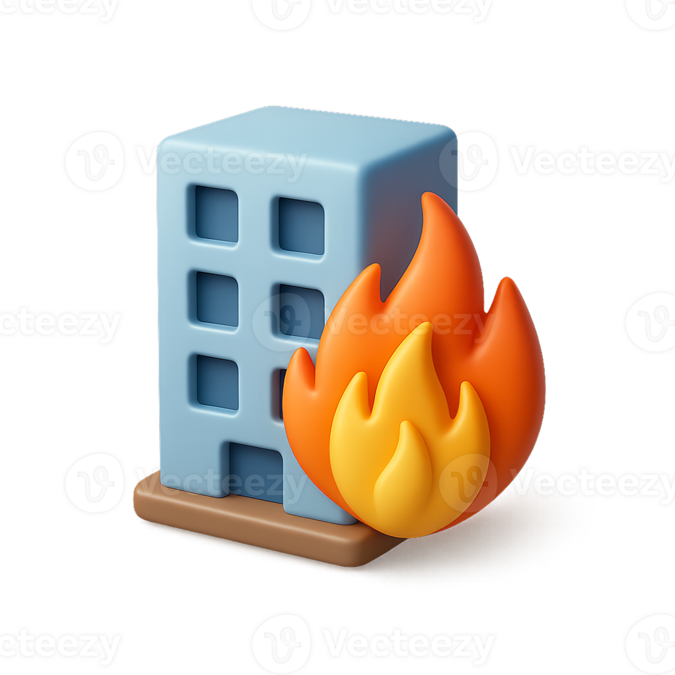 3D Icon of Building with Flames in Illustrated Style png