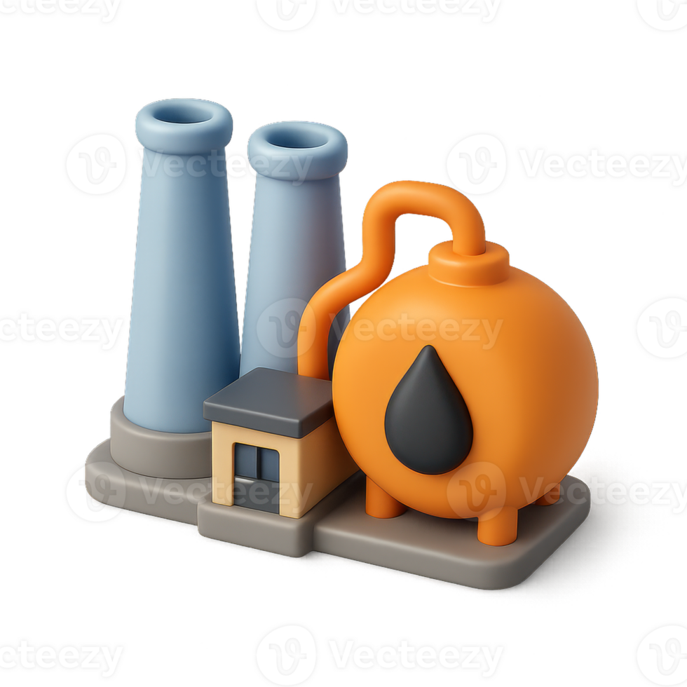 Simple 3D Icon of Oil Factory with Tank and Smoke Stacks Design png