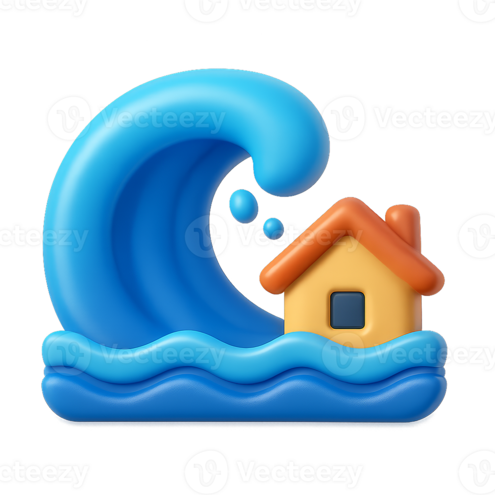 3D Icon of Tsunami with a House in Colorful Style png