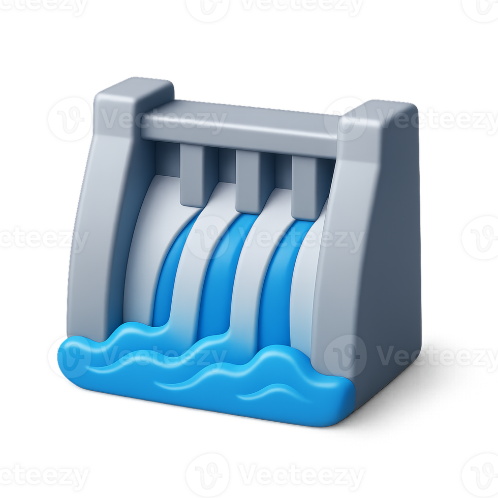 Simple 3D Icon of a Dam with Water Flowing Over Cliffs png