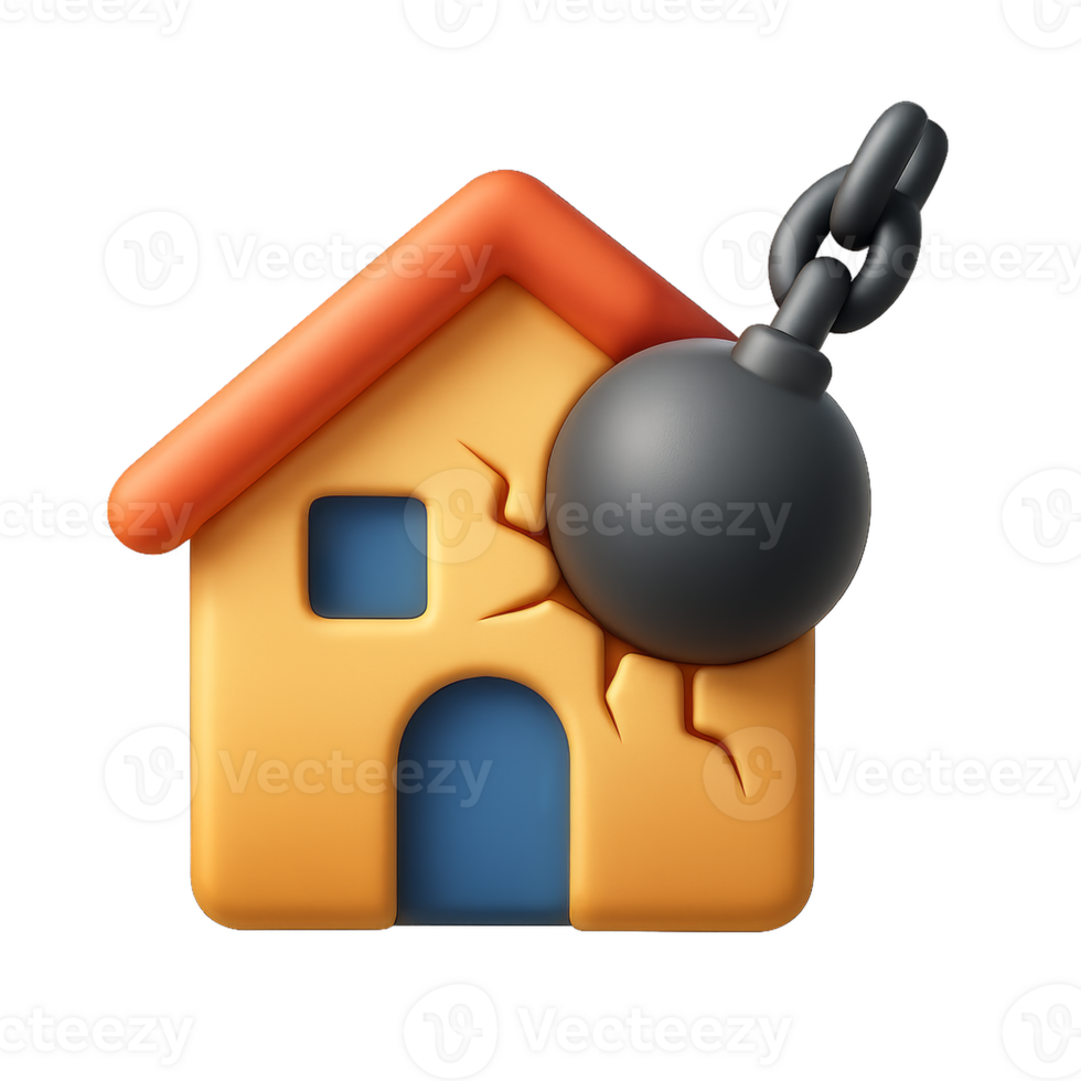 Simple 3D Icon of House Being Damaged with a Wrecking Ball png