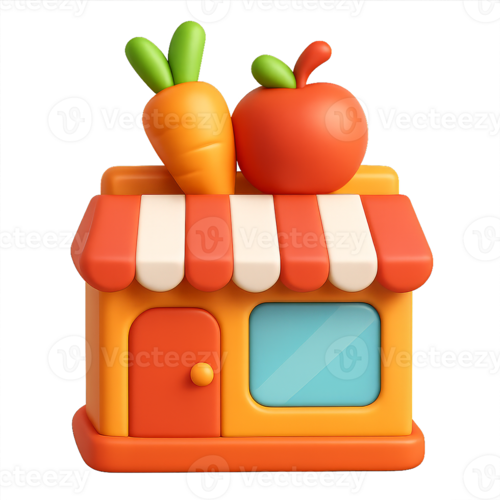 Colorful 3D Grocery Icon with Carrot and Apple on a Stall png