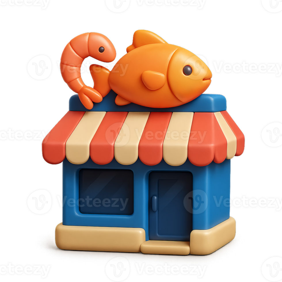 Colorful 3D Seafood Icon with Fish and Shrimp on a Storefront png