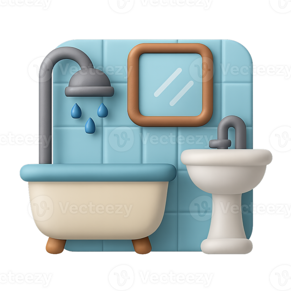 Simple 3D Bathroom Icon Design Featuring Bathtub and Sink png