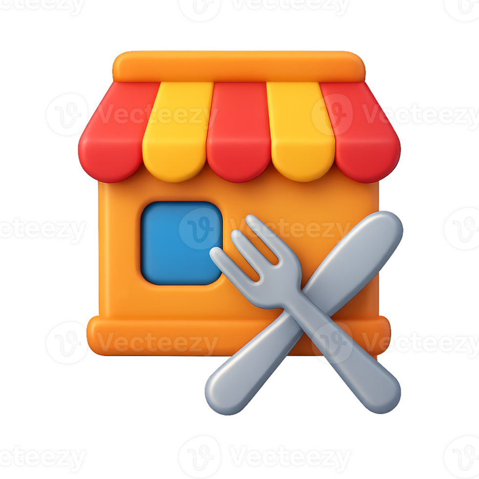 3D Icon of a Restaurant with Fork and Spoon in Simple Style png