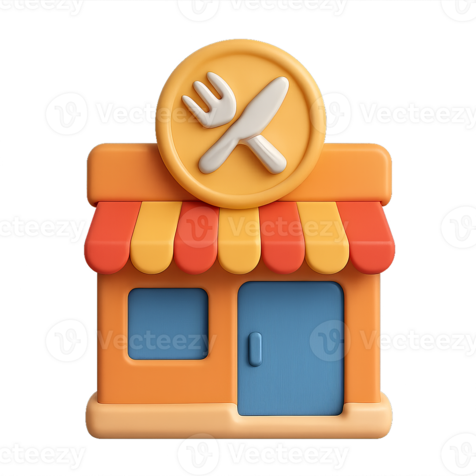 3D Restaurant Icon with Utensils and Colorful Awning Design png