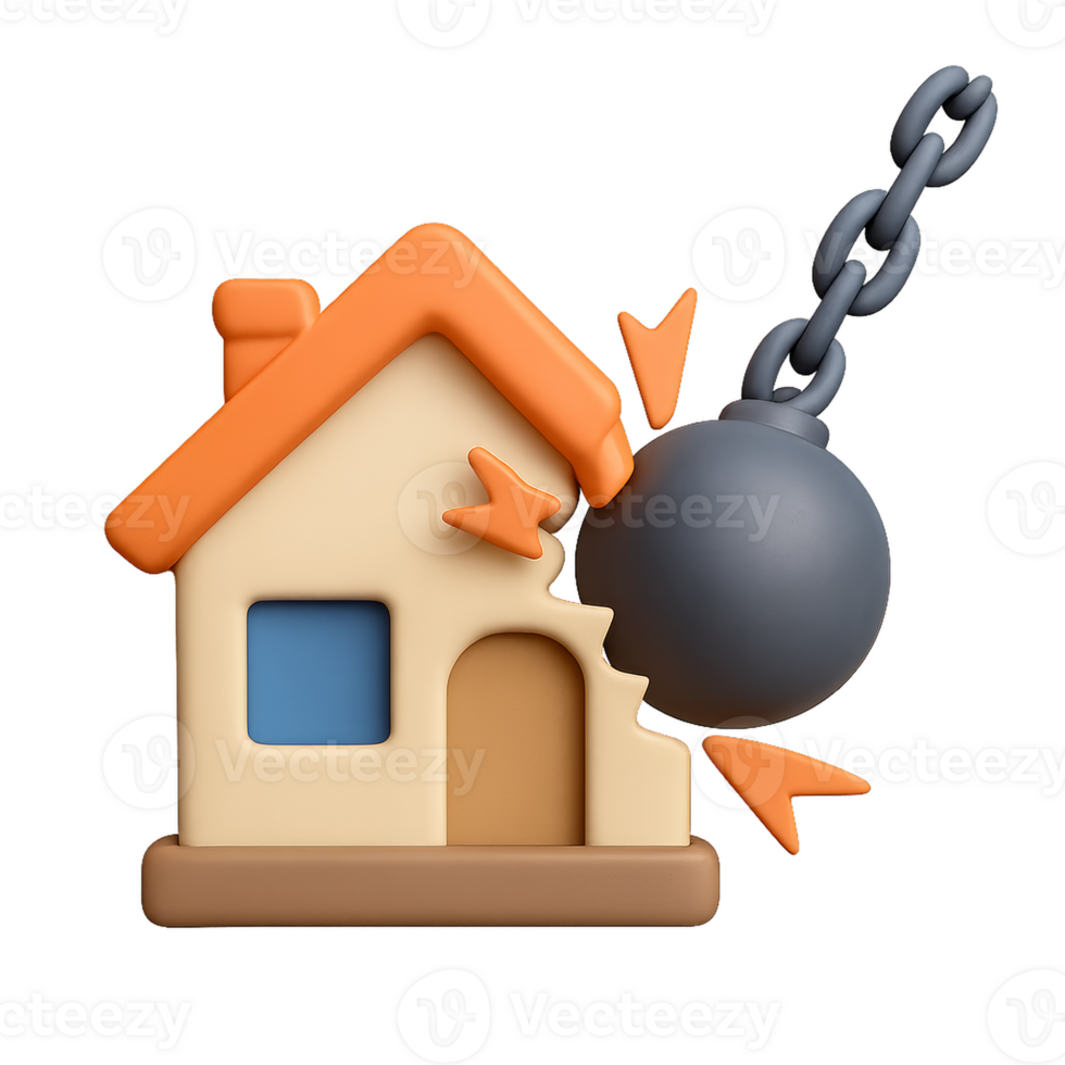 Simple 3D House Icon with Wrecking Ball Design for Creative Projects png