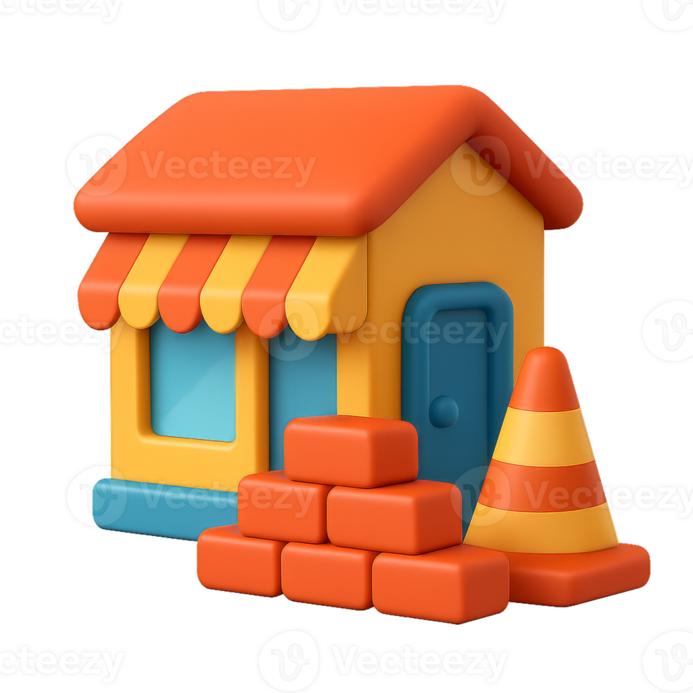 Colorful 3D Icon of House with Construction Supply and Caution Cone png
