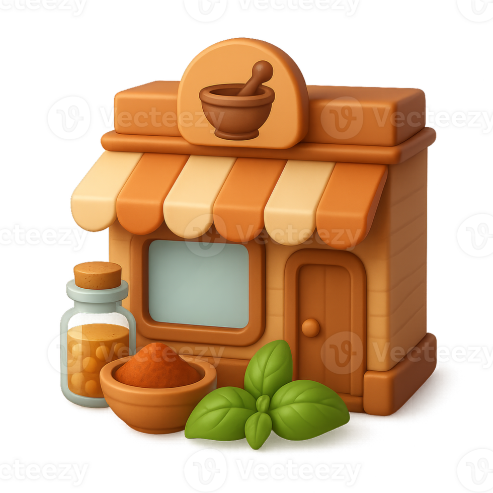 Simple 3D Icon of a Spice Shop with Highlighted Ingredients and Pot png