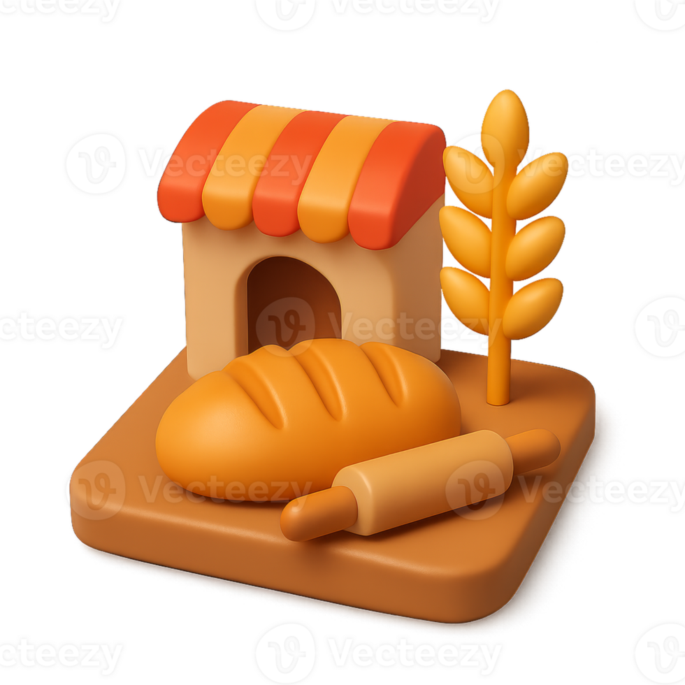 3D Bakery Icon with Bread and Rolling Pin in Simple Style png
