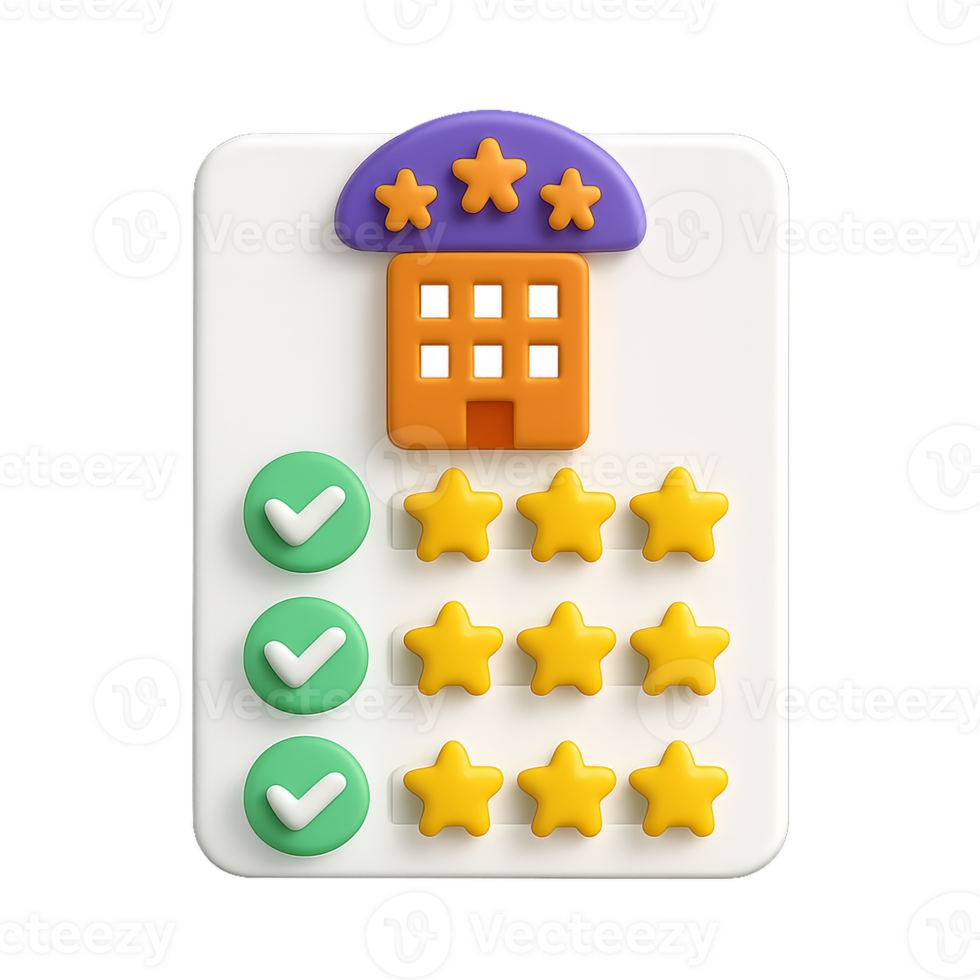 Simple 3D Icon of Hotel Review with Star Ratings and Checkmarks png