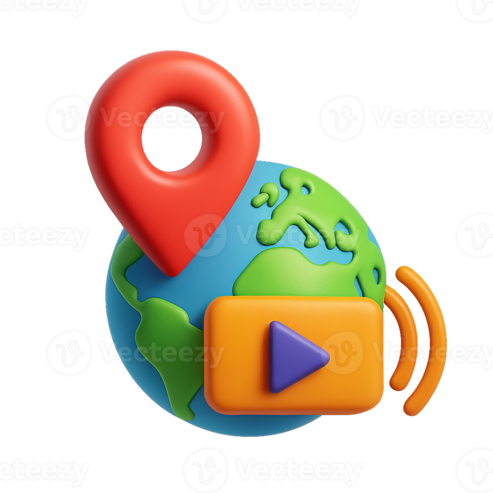 Colorful Icon of Earth with Location Marker and Play Button Design png