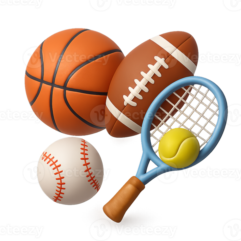 Colorful 3D Sports Icons Featuring Different Balls and Equipment png