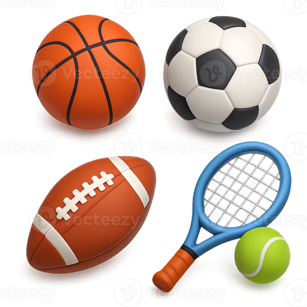 Colorful 3D Sports Gear Including Basketball, Soccer Ball, and Tennis Racket png