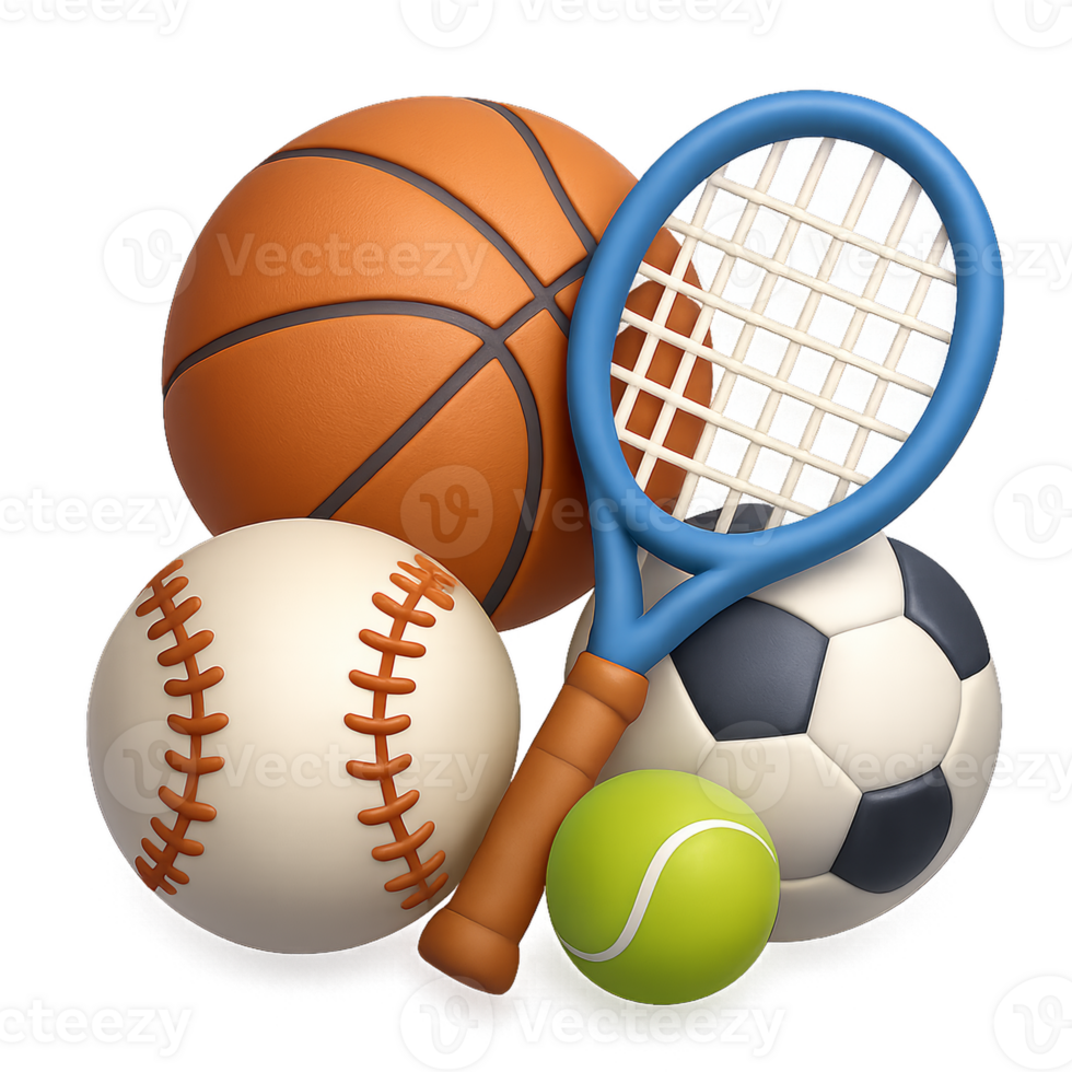 Colorful 3D Sports Icons Featuring Various Ball Types and Racket png