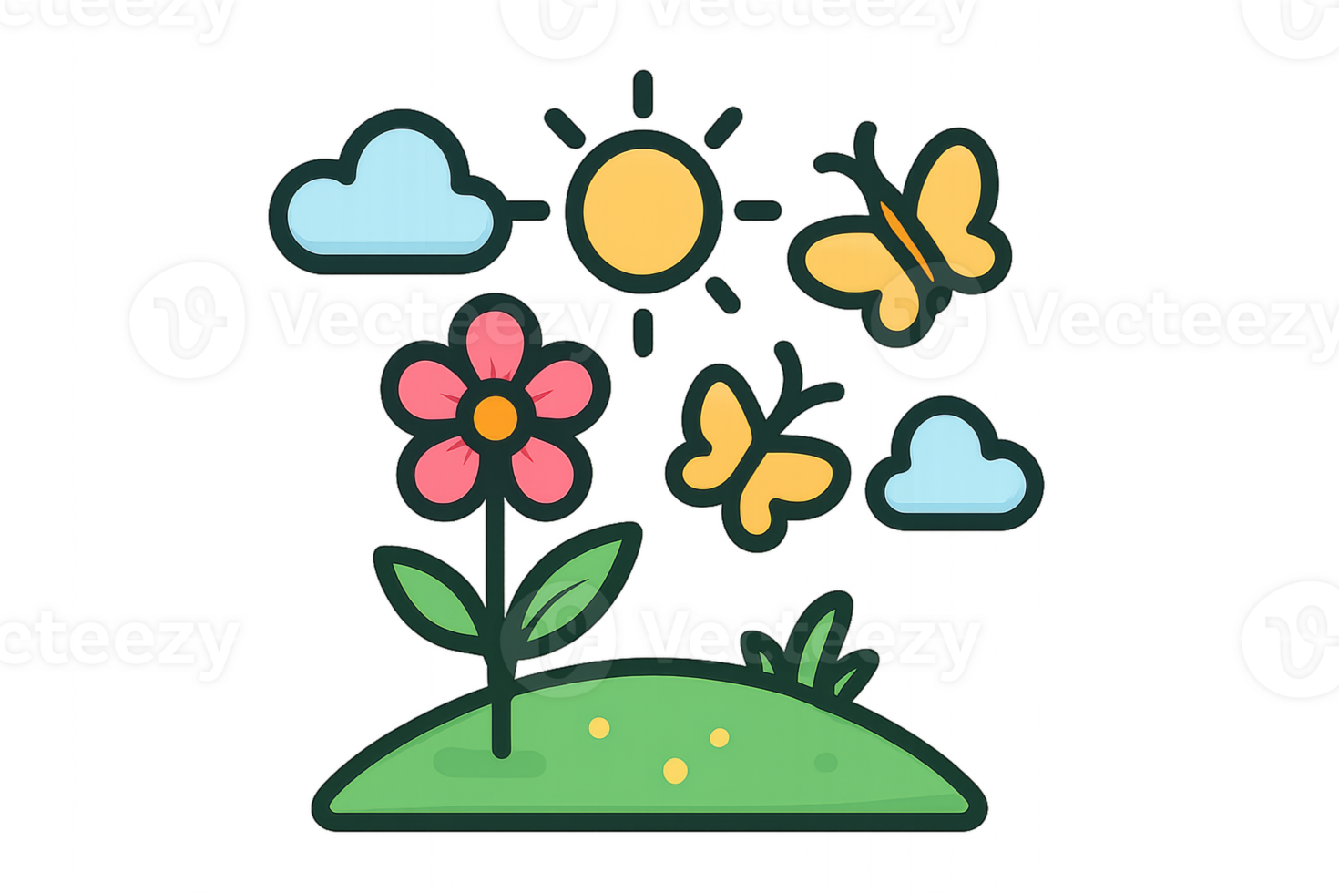 Bright and Cheerful Spring Landscape with Flowers and Butterflies png