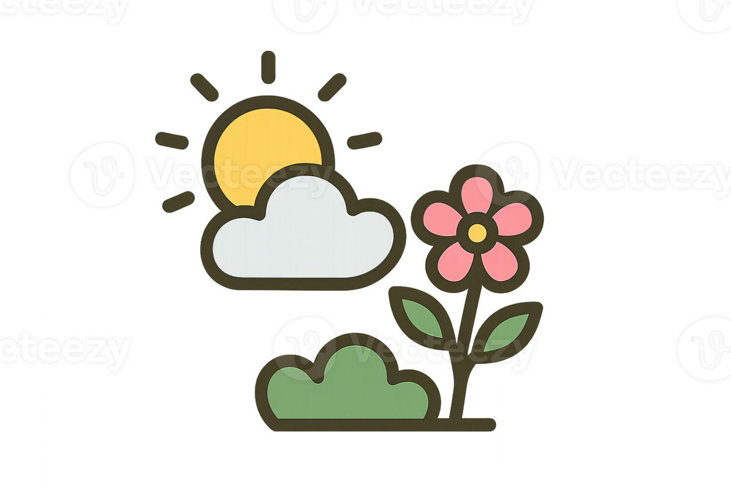 Simple Spring Icon Design Featuring Sun, Clouds, and Flower png