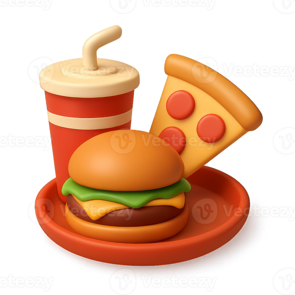 3D Icon of Fast Food Combo with Burger, Pizza, and Drink png