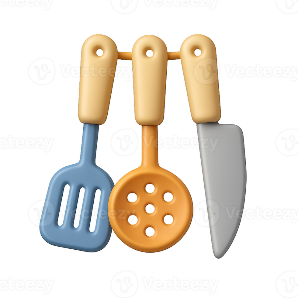 Colorful 3D Kitchen Utensils with Spatula, Spoon, and Knife png