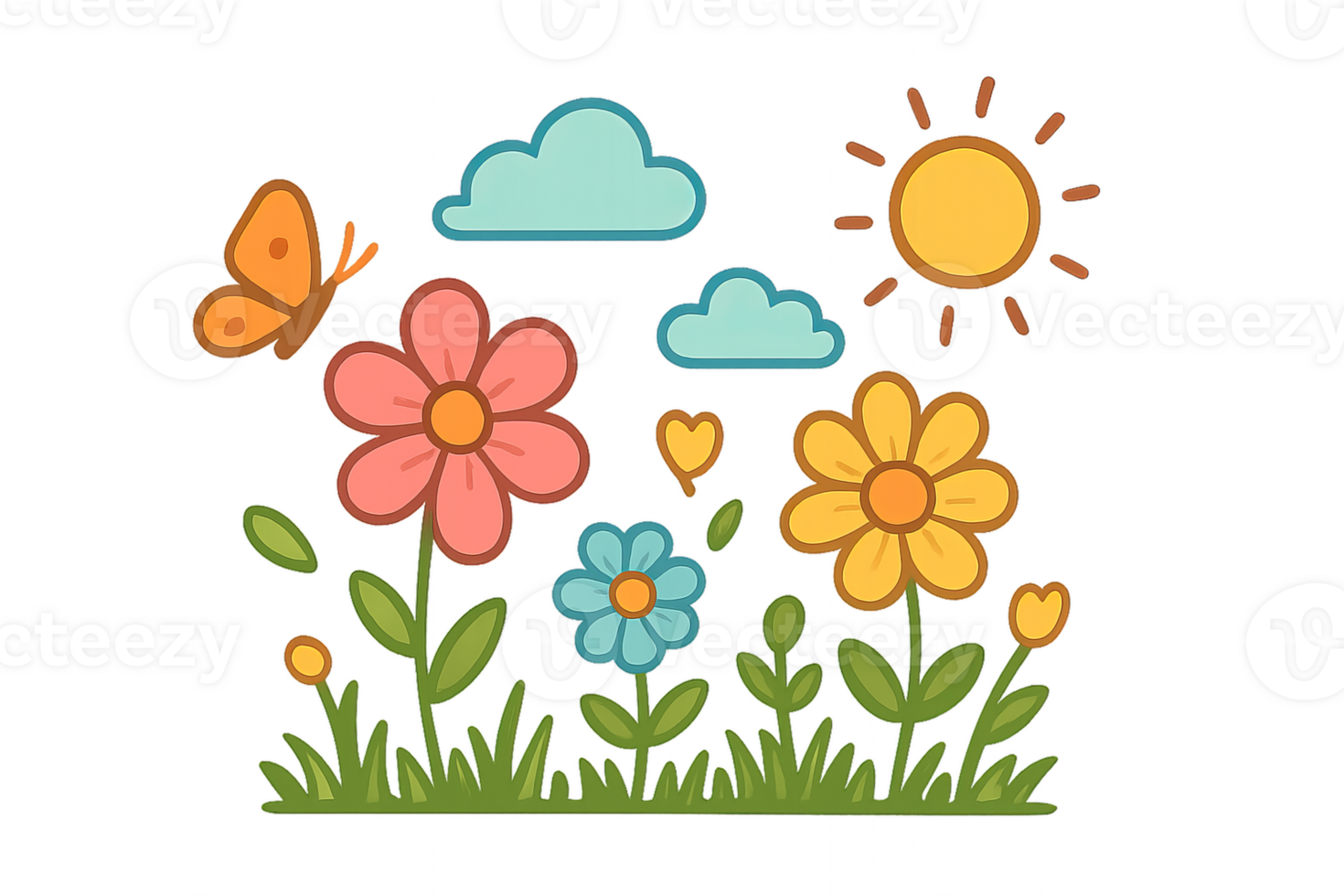 Colorful Spring Flowers with Butterfly and Sun in Simple Design png