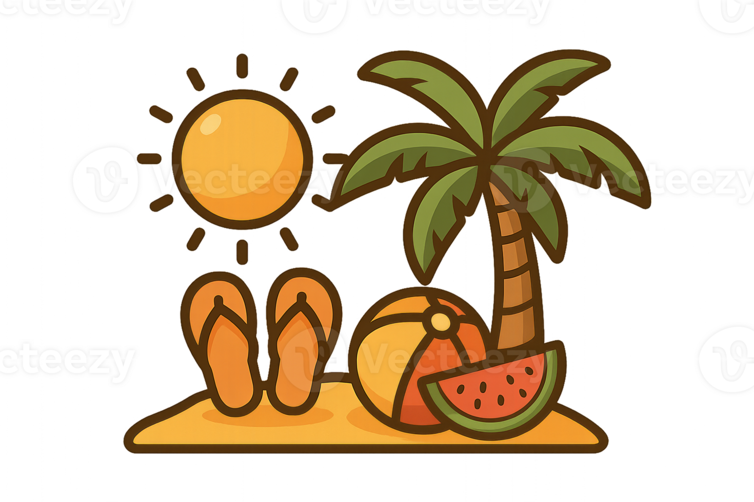 Summer Icon Illustration with Sun, Palm Tree, and Beach Elements png