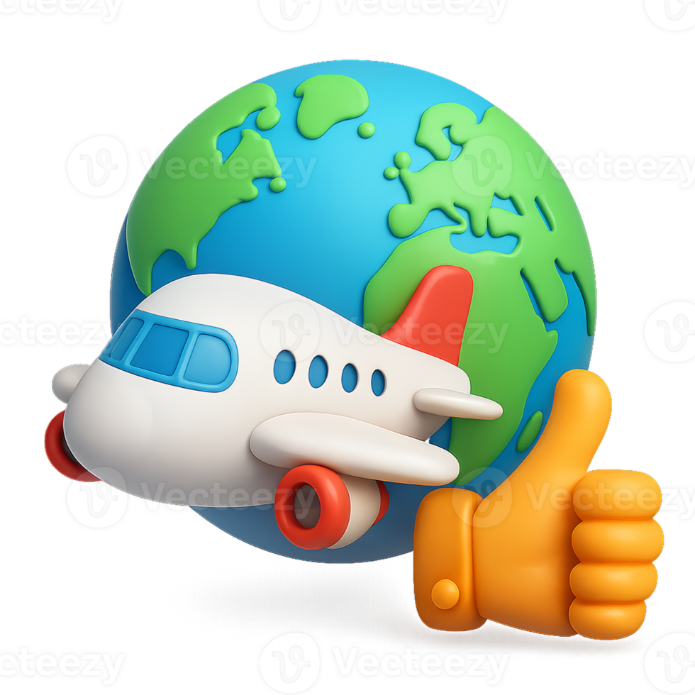 3D Travel Icon with Airplane and Globe, Simple Design Elements png