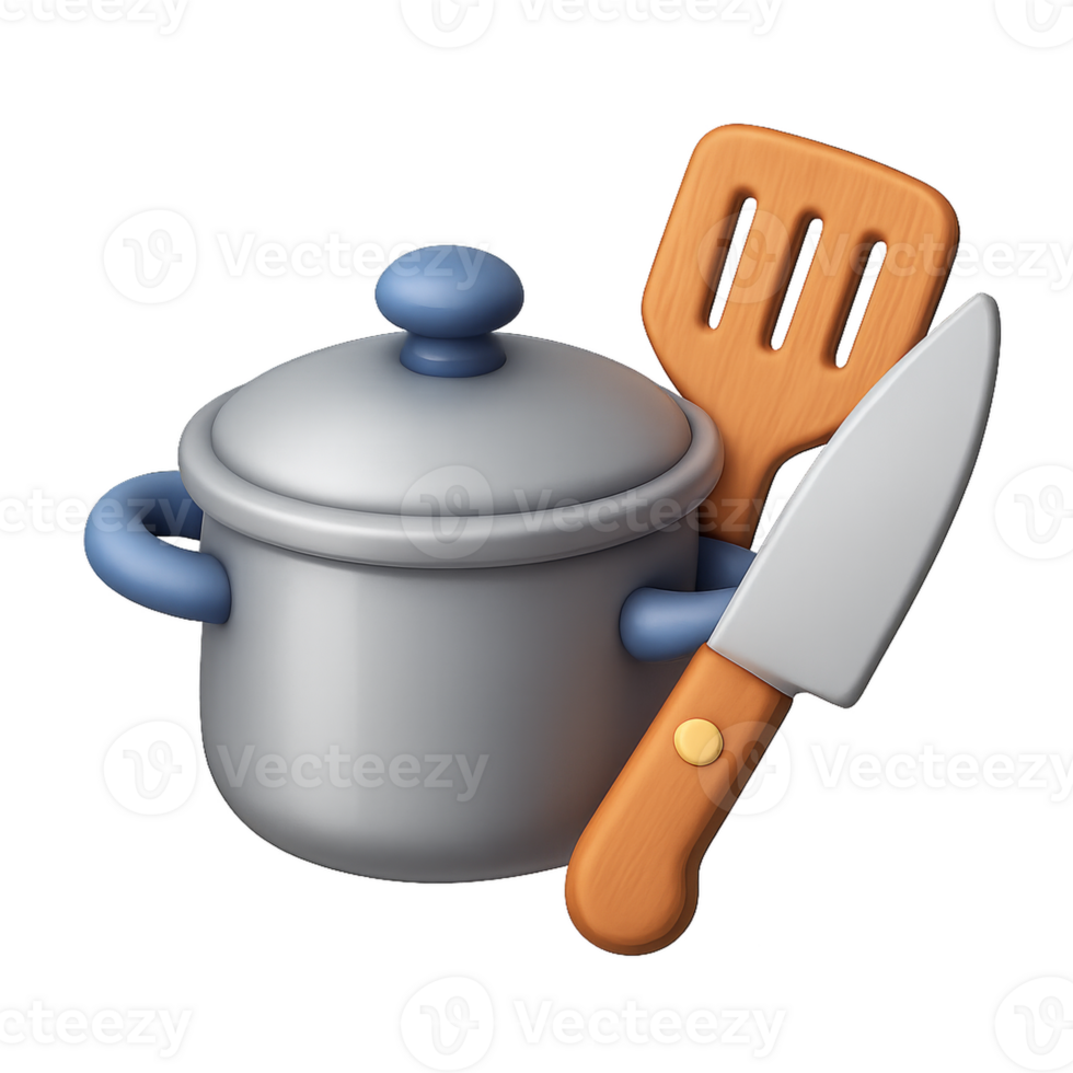 Simple 3D Kitchenware Icon with Pot, Spatula, and Knife Elements png