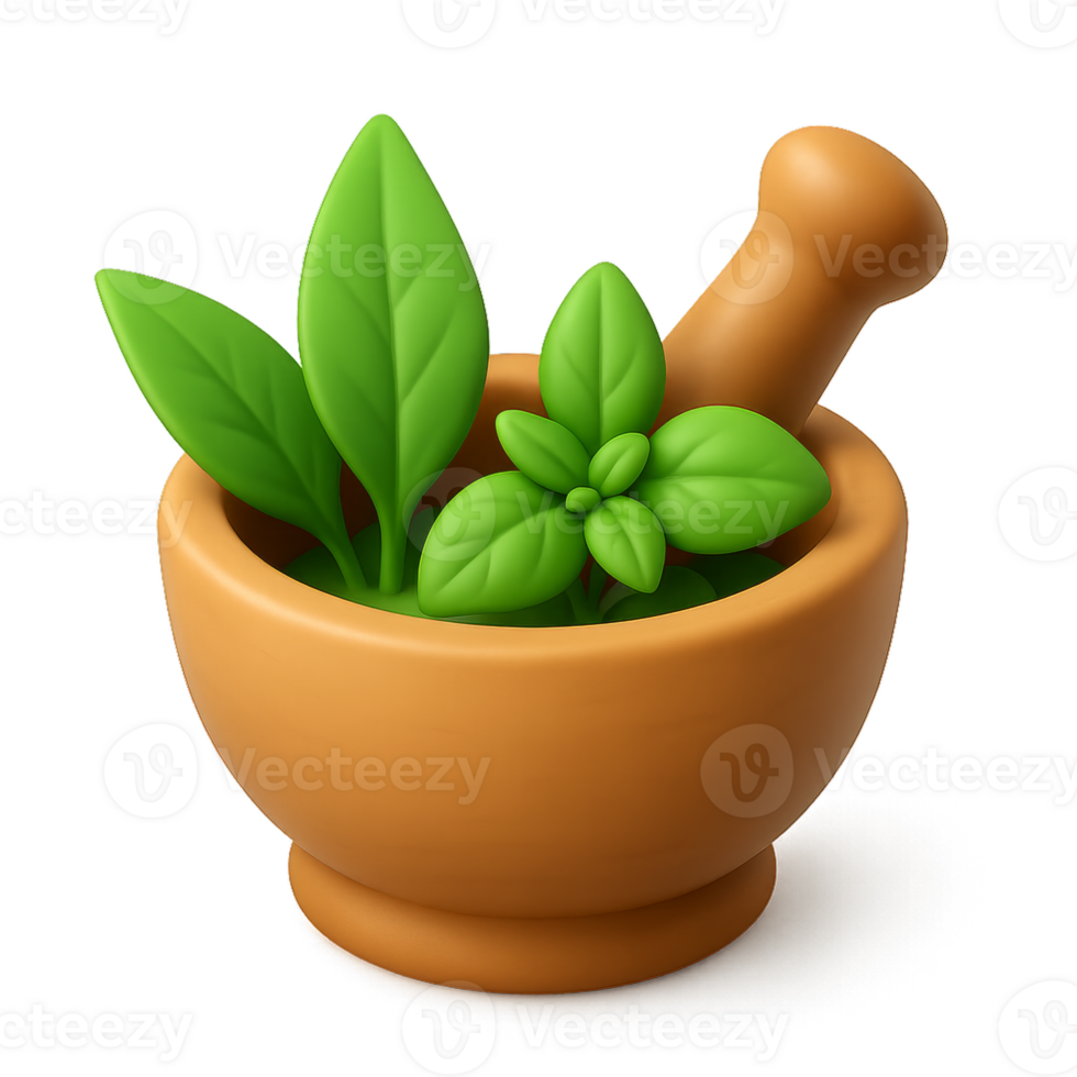 3D Icon of a Simple Mortar and Pestle with Fresh Herbs Illustration png