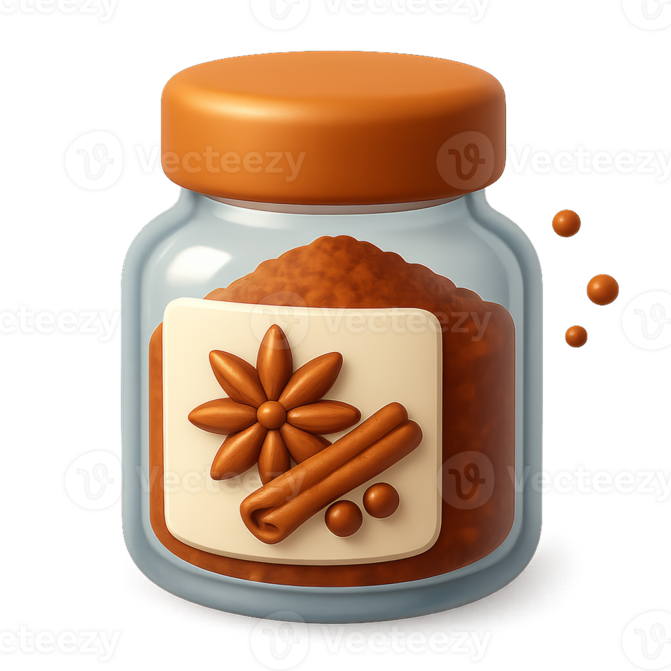 3D Icon of a Spice Jar with Decorative Label and Cinnamon Sticks png