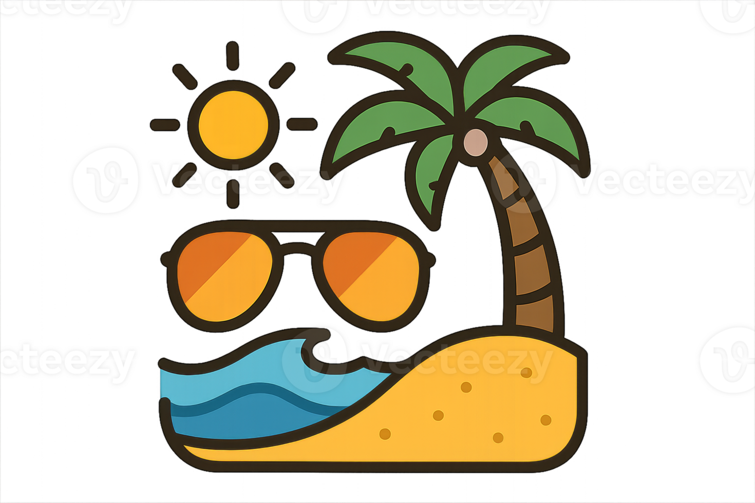 Summer Icon with Sunglasses, Beach, Sun and Palm Tree Design png