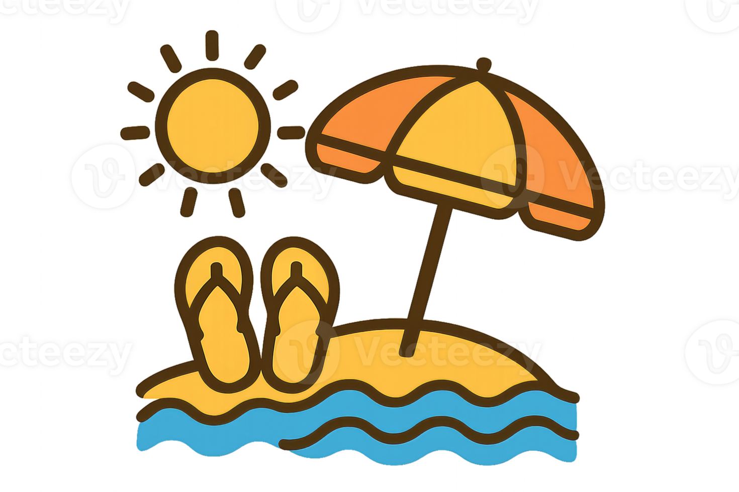 Summer Icon of Beach Scene with Sun, Umbrella, and Flip Flops png