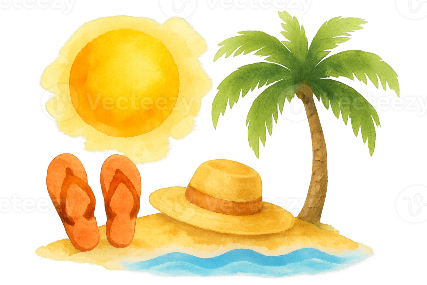 Summer Watercolor Icon of Beach Vacation with Sun and Palm Tree png