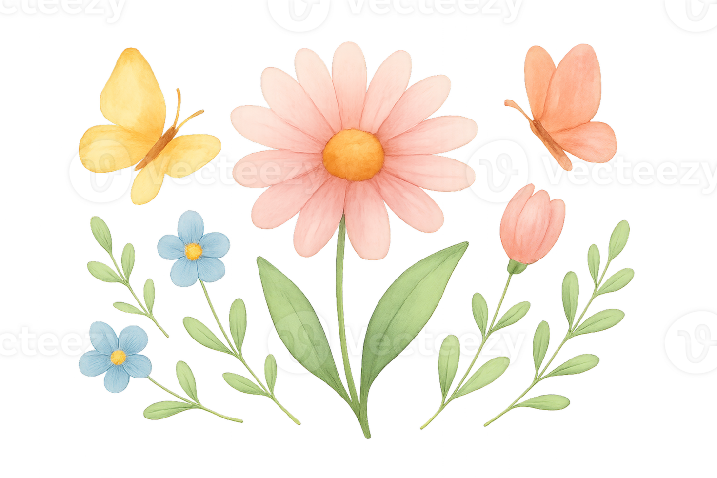 Charming Watercolor Flowers and Butterflies in Gentle Spring Colors png