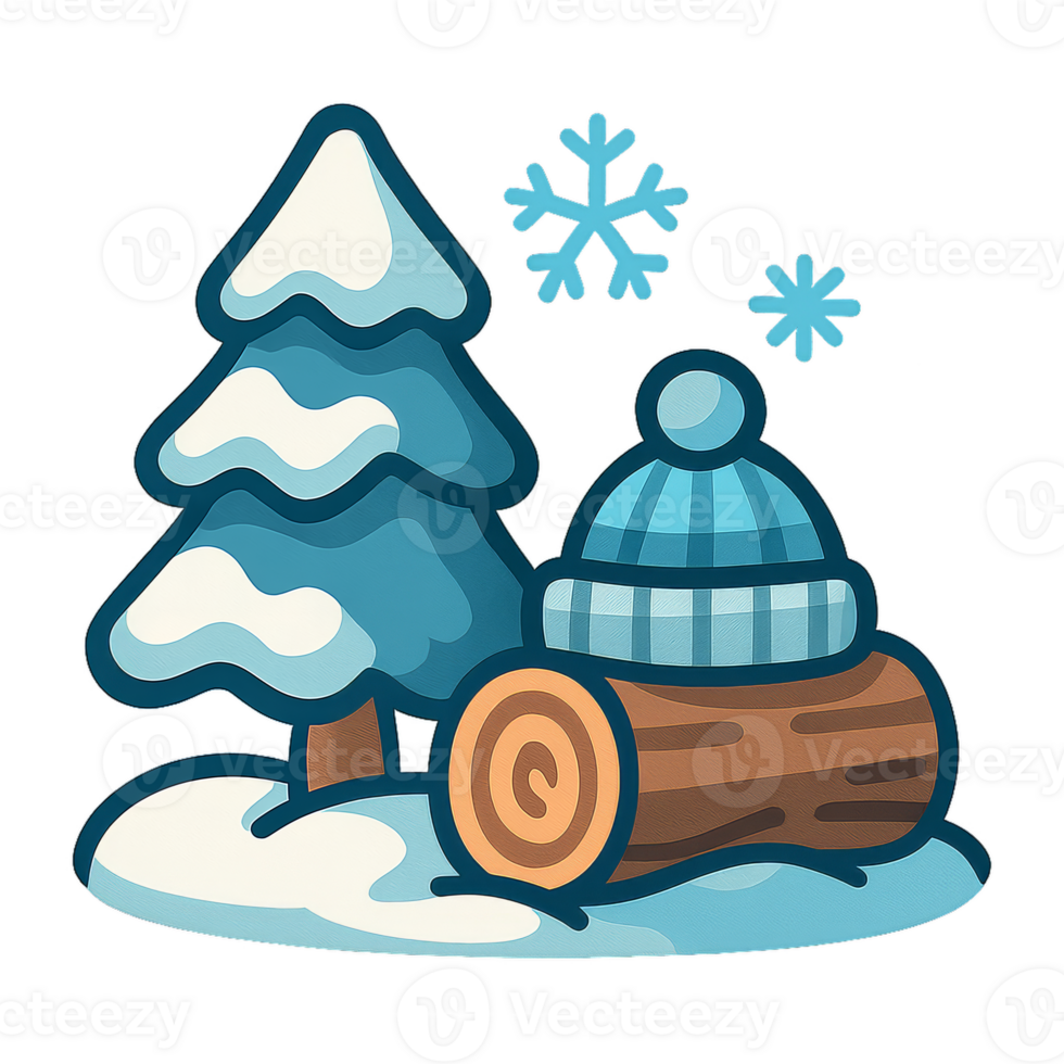 Winter Scene with Snowy Tree, Snowflakes, and Warm Hat on Log png