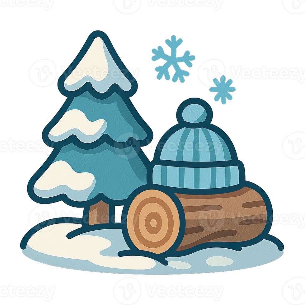 Cute Winter Scene with Snowy Tree, Log, Snowflakes, and Hat png