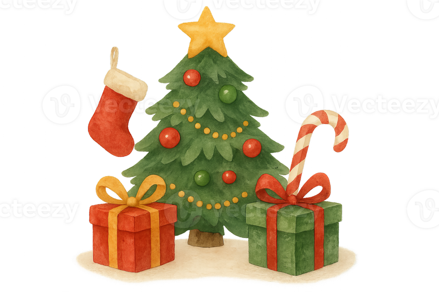 Watercolor Christmas Tree with Gifts and Stocking in Simple Style png