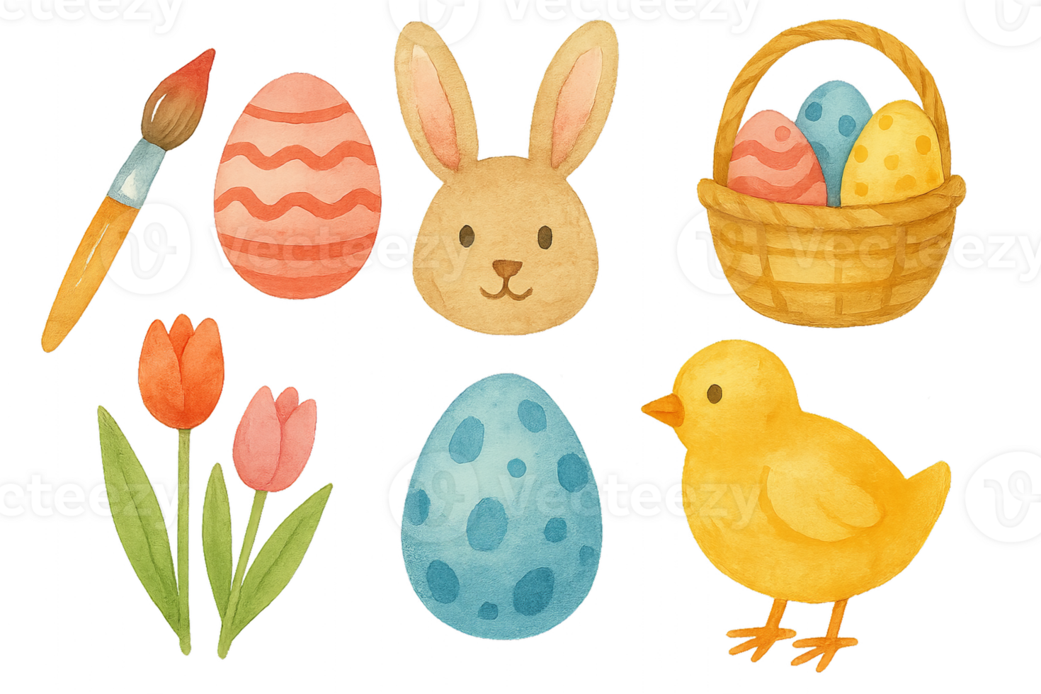 Watercolor Easter Elements with Bunny, Eggs, and Spring Flowers png