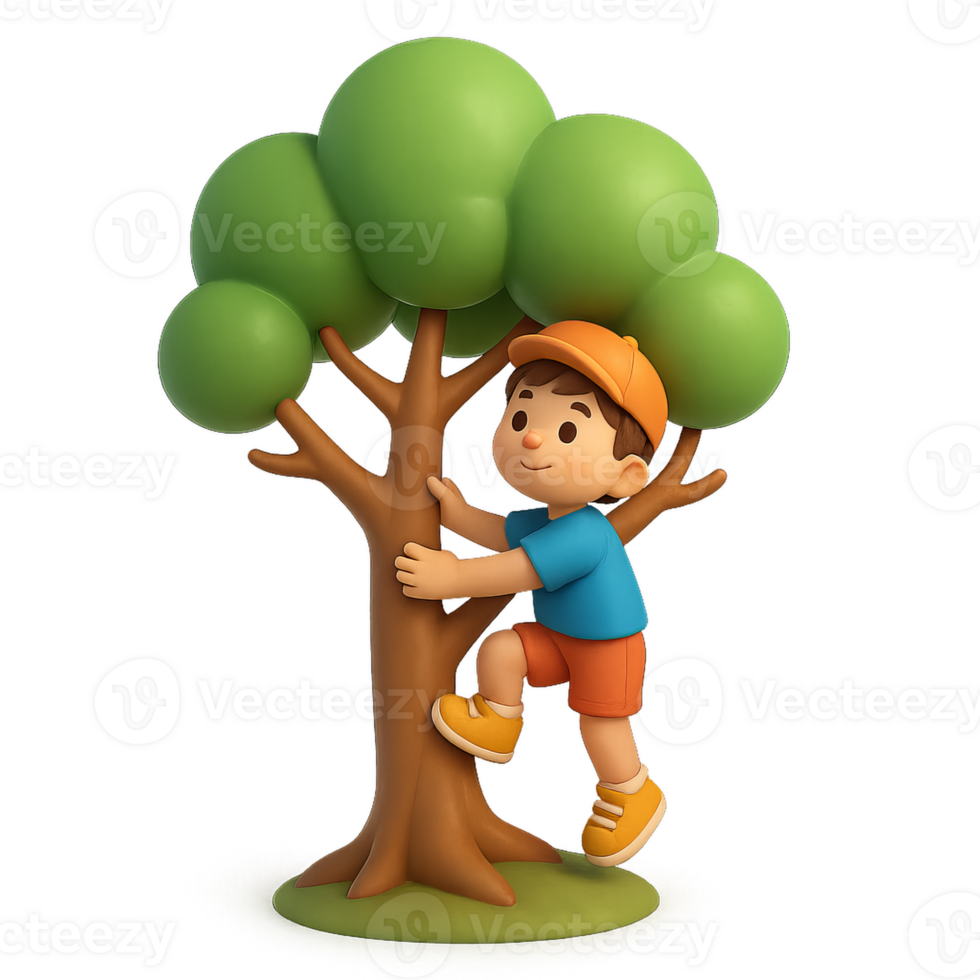 Child Climbing Tree 3D Scene in Simple Composition Style png